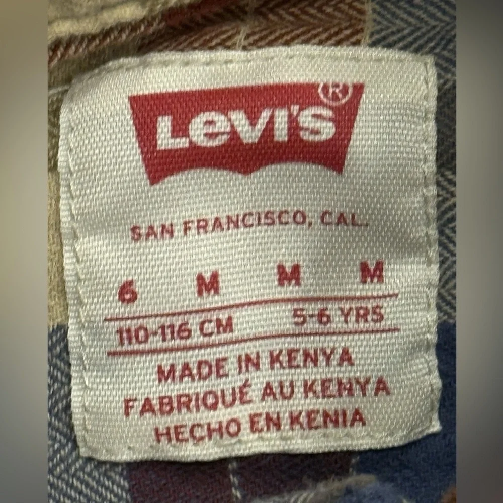 Levis Boys Plaid Flannel Shirt Button Front Long Sleeve Size 5 6 Years